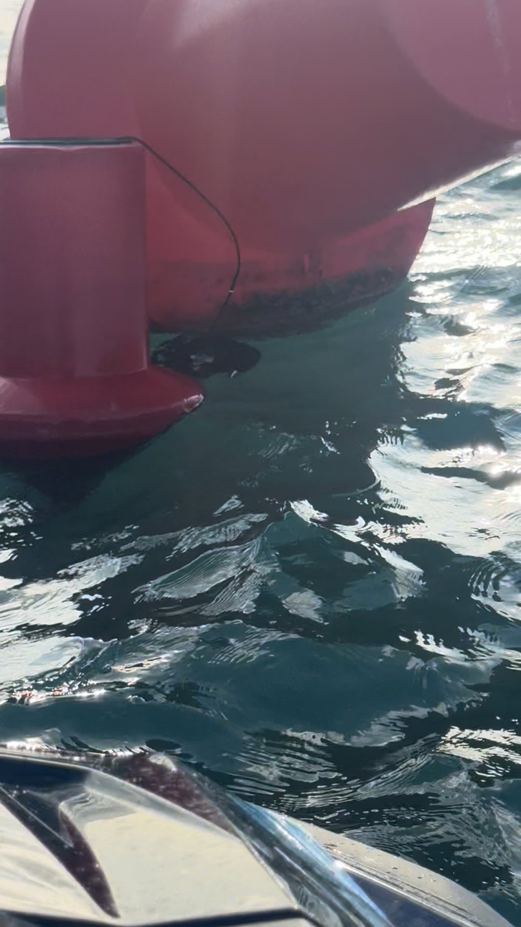 Up close: our little buoy alongside the big flotation buoy it is tethered to, cable and all. Every clash in a swell is a chance to knock the hatch undone.