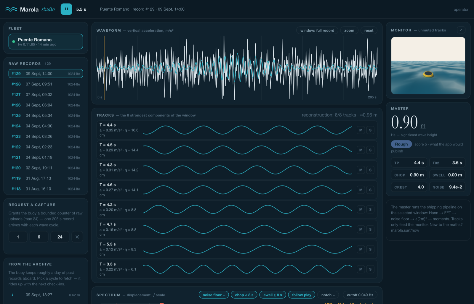 The Marola studio: waveform of a rough recording, eight component tracks with mute and solo buttons, a 3D monitor and a master strip reading 0.90 m Rough