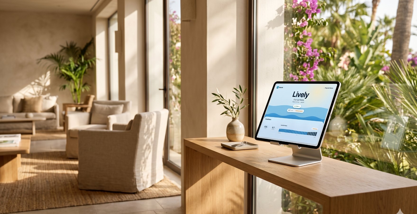 Marola display on a console table in a sunlit hotel lounge