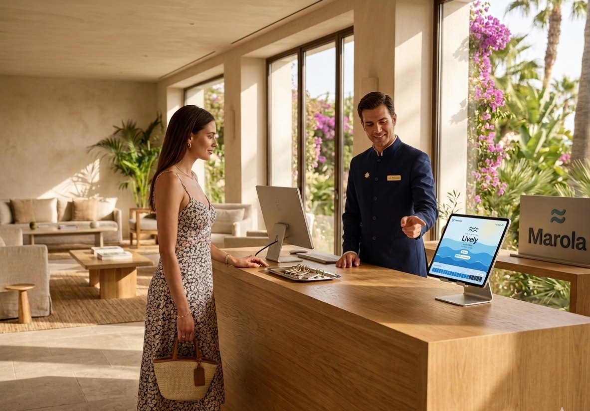 Concierge showing a guest the Marola display at reception